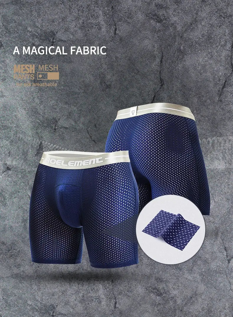 Men's blue mesh long-leg sport boxers, ice-silk fabric, large size, 2-pack
