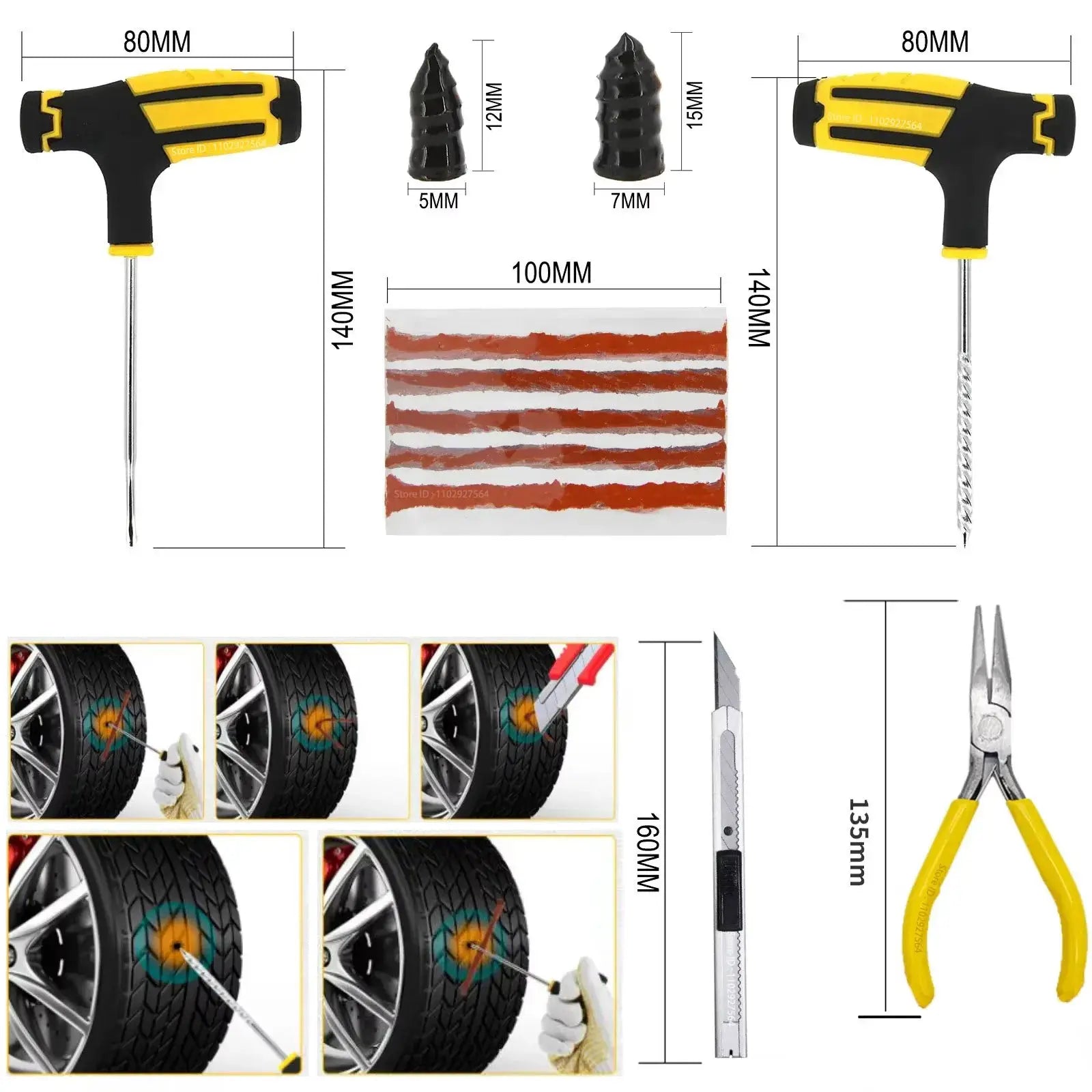 ZFOUEK car tire repair kit by Simples Market; 2 yellow/black plug tools, 5mm & 7mm tips, red repair strips.