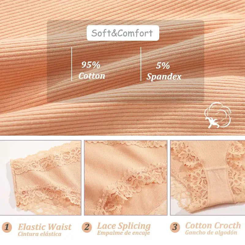 3-pack peach lace cotton panties for women, low-rise briefs with elastic waist and cotton crotch