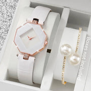 2-piece women's watch and pearl-embellished bracelet set, white leather band with rose-gold bezel, box not included