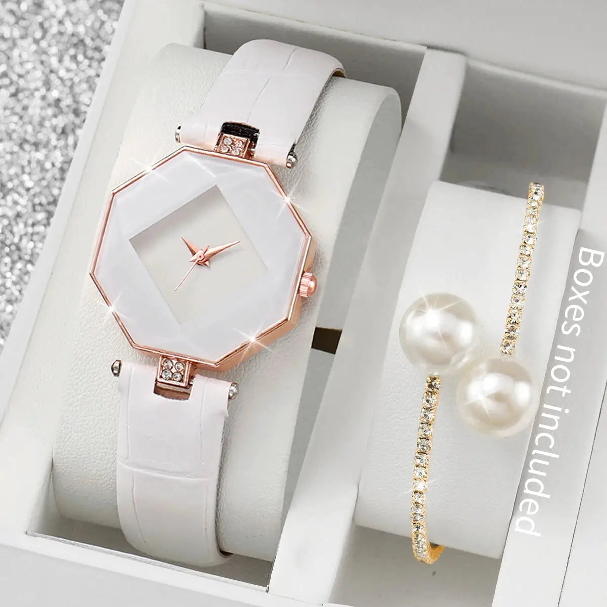 2-piece women's watch and pearl-embellished bracelet set, white leather band with rose-gold bezel, box not included