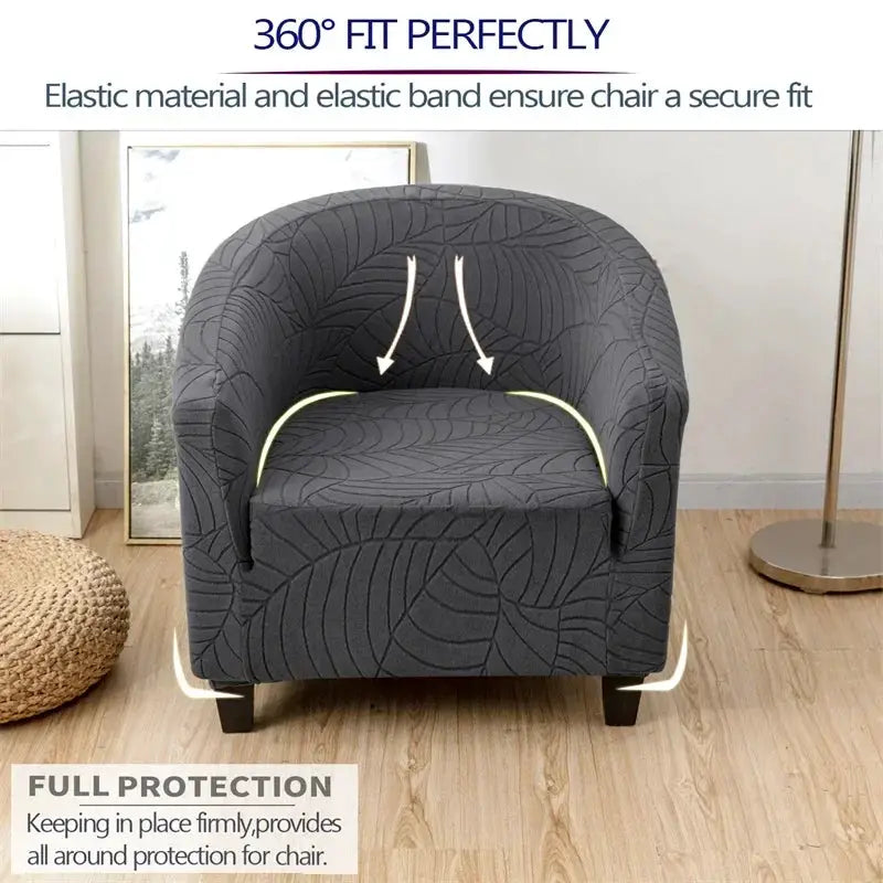 Simples Market elastic club chair cover in charcoal gray jacquard leaves pattern for a single-arm living room chair