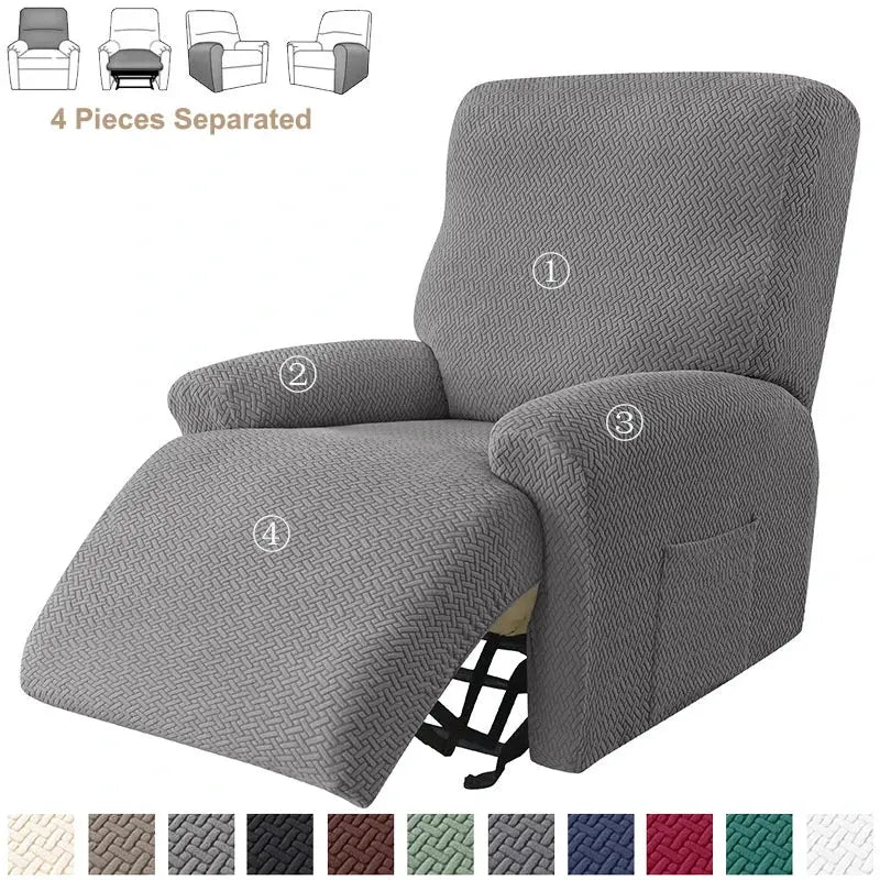 Simples Market 4-piece jacquard stretch recliner chair cover in gray; elastic, non-slip slipcover.