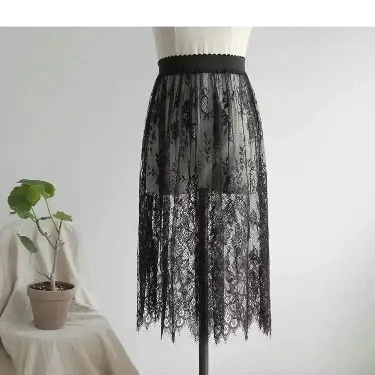 Black lace long skirt with elastic waist and sheer overlay