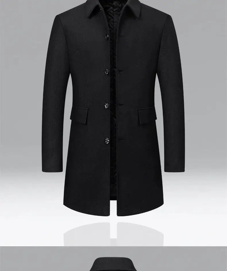 Men's black wool-blend trench coat with lapel collar, button front, knee length and side pockets