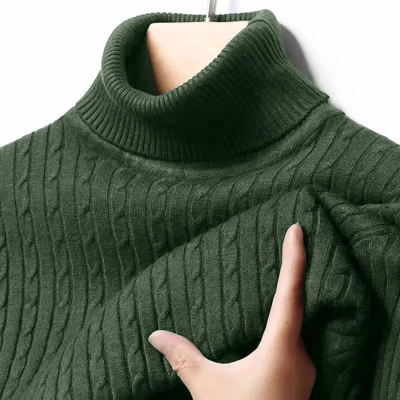 Autumn men's ribbed turtleneck sweater, green knitted, long sleeves