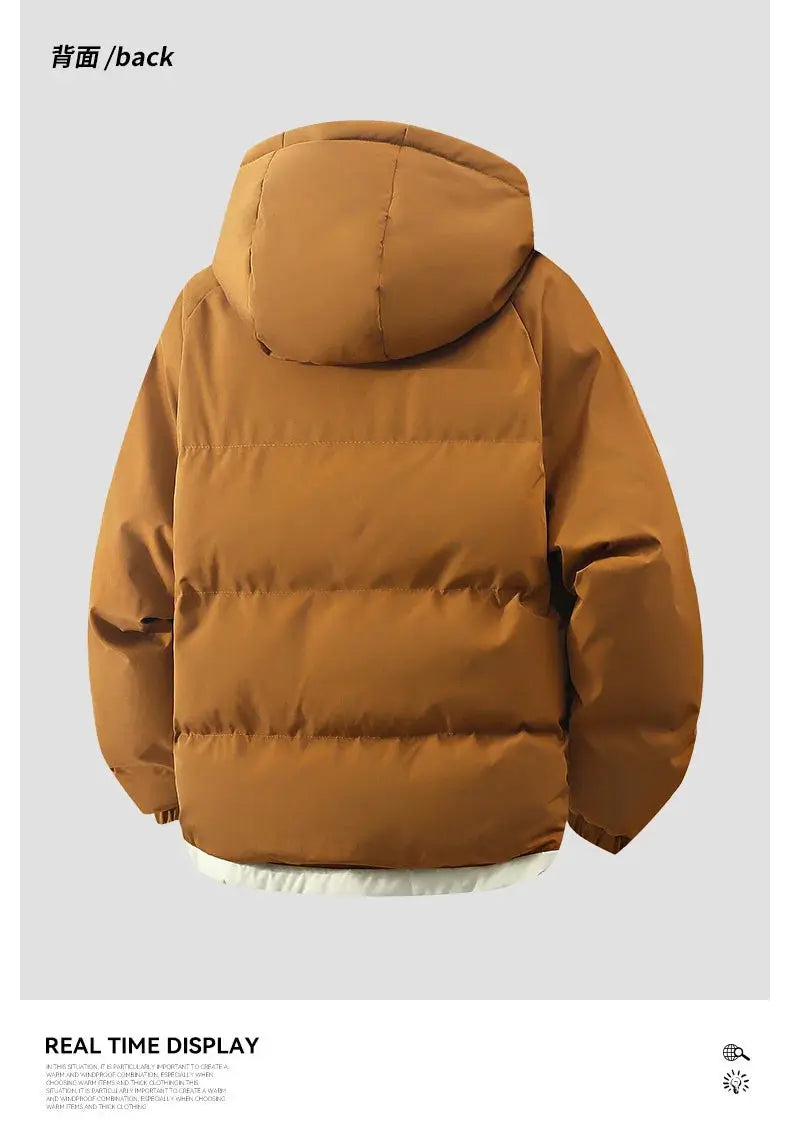 Men's brown puffer hooded jacket, loose fit warm winter coat by Simples Market