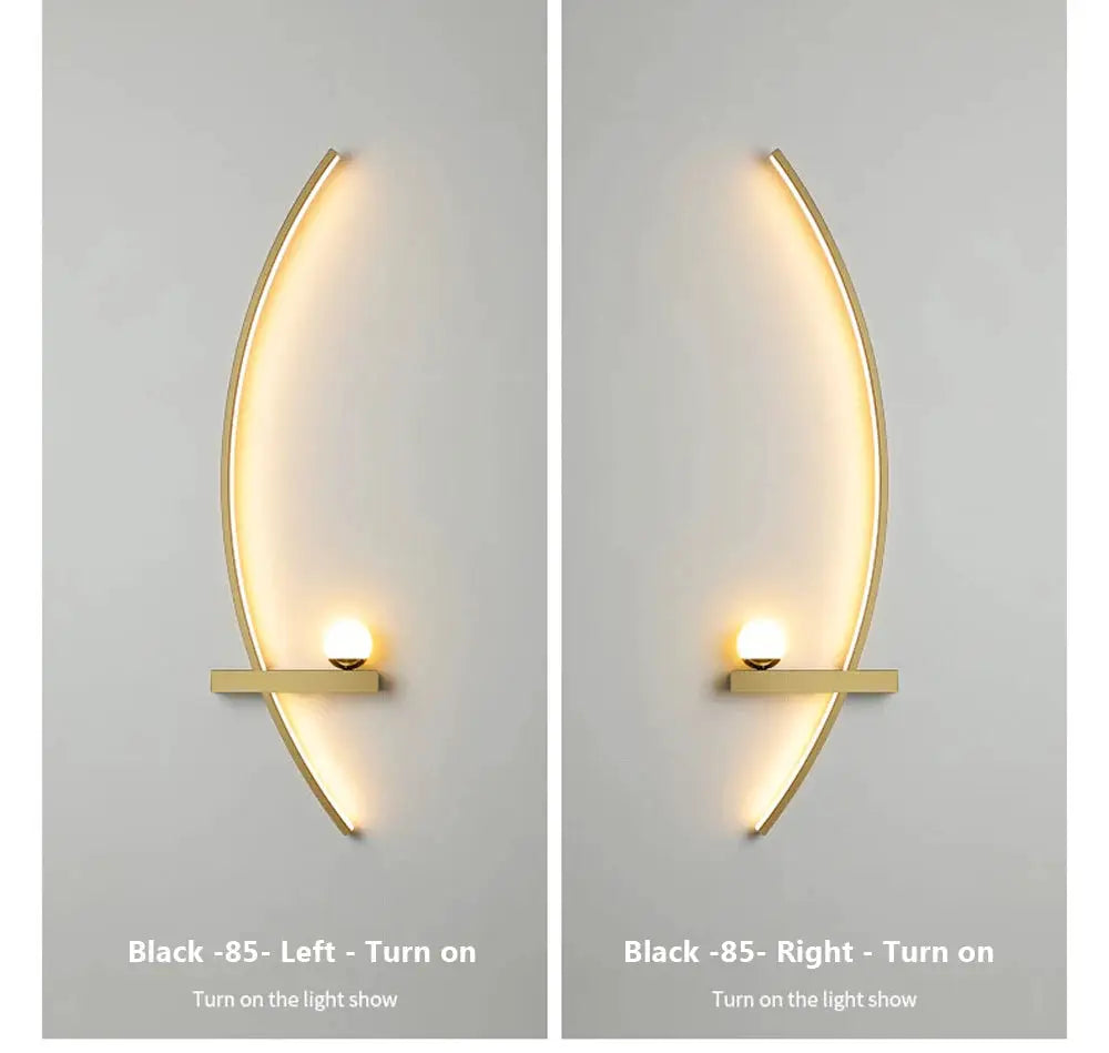 Pair of modern LED wall lamps (55/105 cm) with curved gold arcs, shelf and globe bulbs by Simples Market.