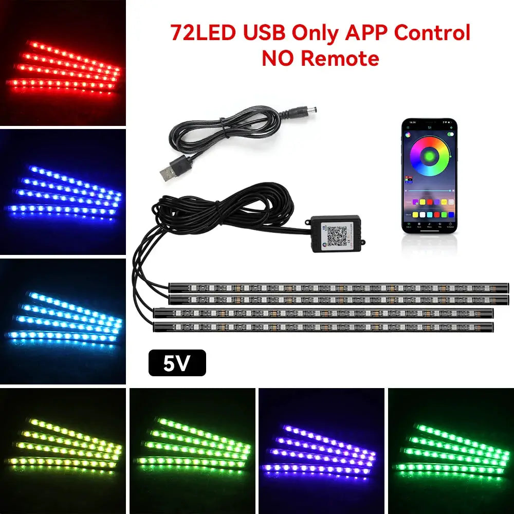 Neon 36 48 72 LED Car Interior Ambient Foot Light Kit RGB With Remote App And Music Sync Control