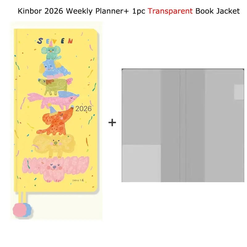 Kinbor 2026 weekly planner pocket-size notebook with yellow animal-stack cover; includes a transparent book jacket