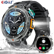 Two EIGIIS KE3 smartwatches with black metal bands, Bluetooth calling and health-monitor display