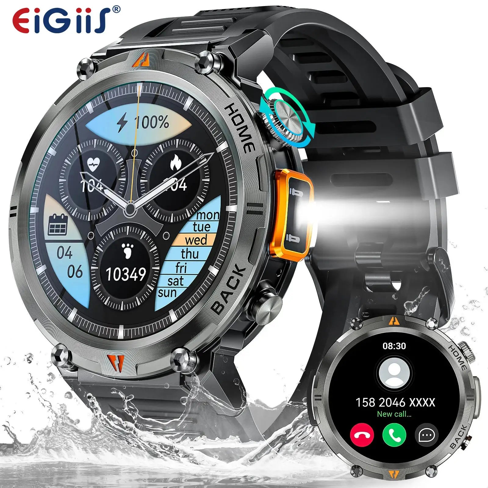 Two EIGIIS KE3 smartwatches with black metal bands, Bluetooth calling and health-monitor display