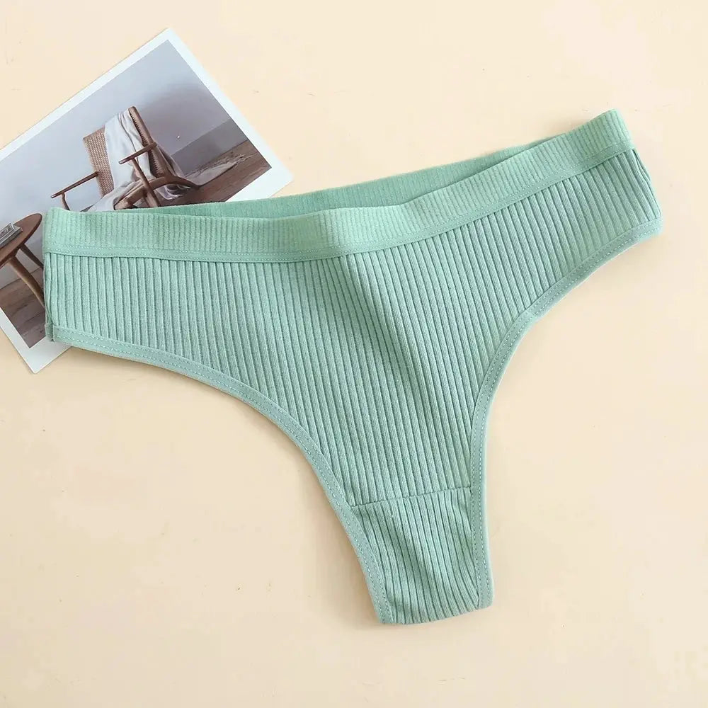 Women's mint green ribbed cotton thong underwear (T-back)