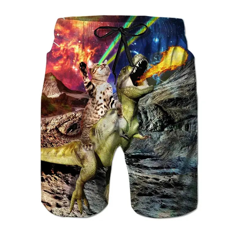 Men's board shorts with a 2-animal dinosaur and cat 3D print graphic in a colorful space landscape
