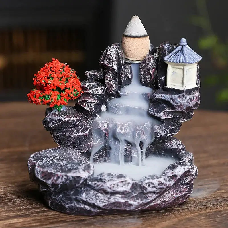 Resin Cascade Backflow Incense Burner With Mountain Waterfall Design For Home Decor And Meditation Gift