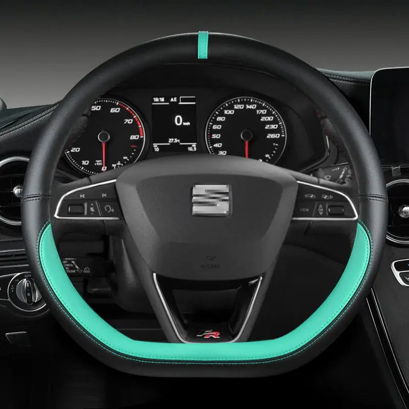 Steering wheel cover by Simples Market, 38cm microfiber leather, non-slip with turquoise trim