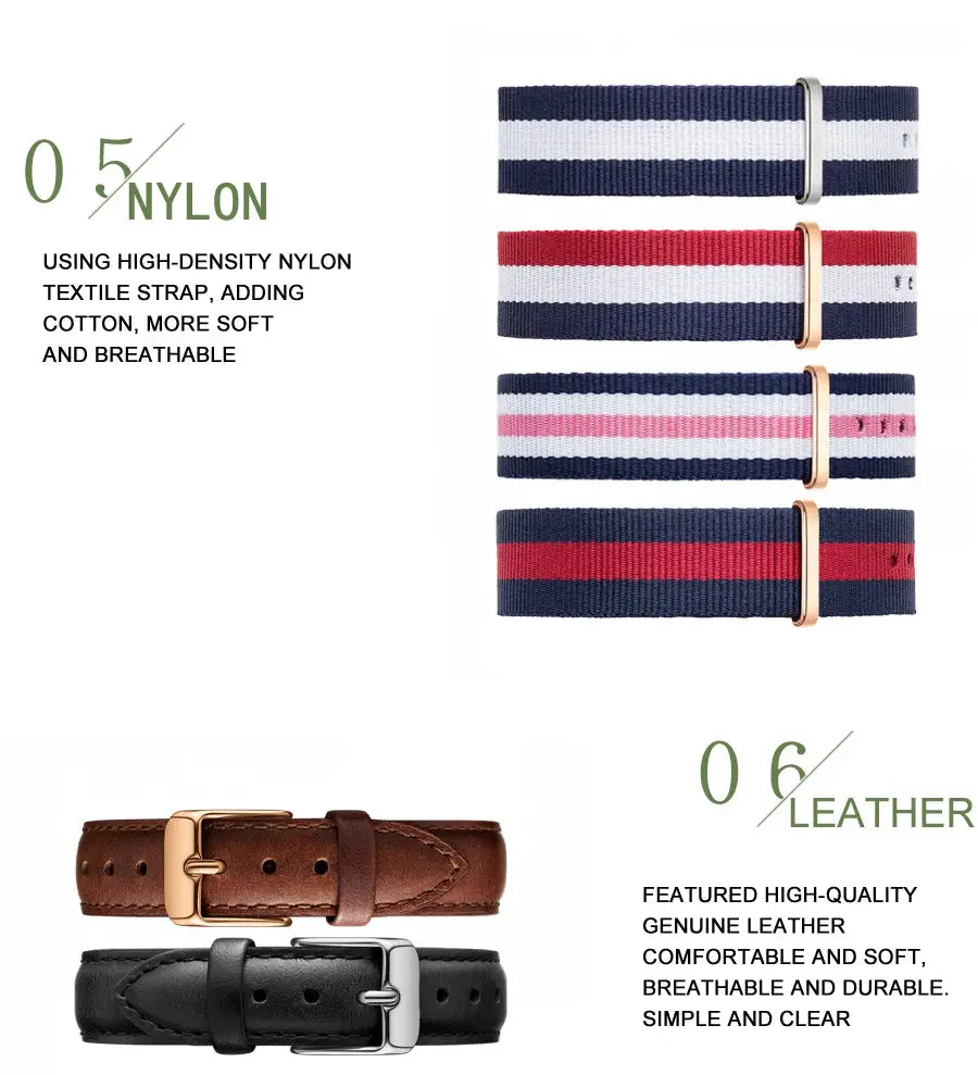 HANNAH MARTIN watch straps: six straps including nylon striped bands with rose-gold buckles and brown/black leather straps