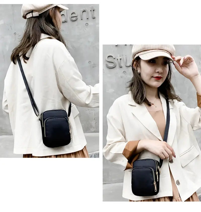 Women's crossbody bag by Simples Market, black waterproof with zipper pockets.