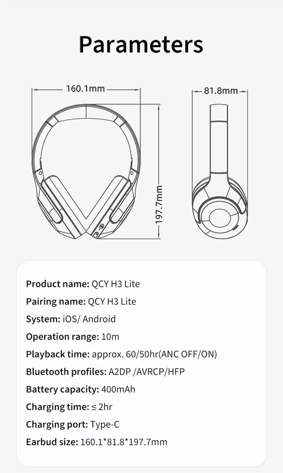 QCY H3 Lite over-ear headphones wireless/wired with foldable design, ANC, Bluetooth 5.3