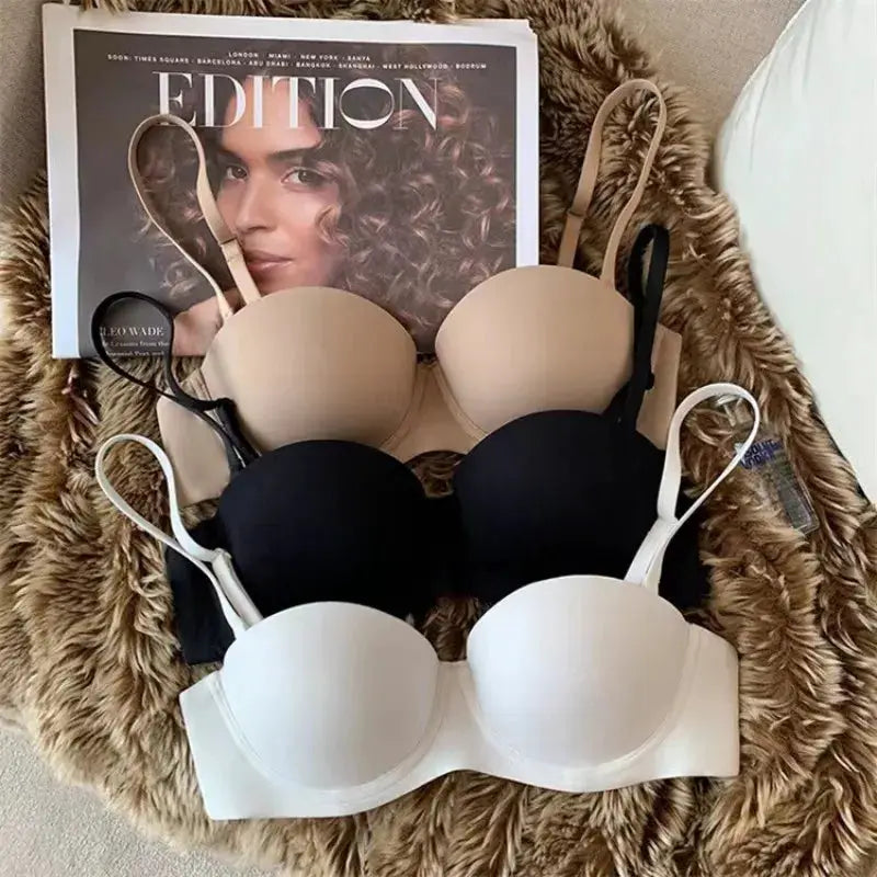 Women seamless half-cup push-up bras set in beige, black, and white (4-piece)