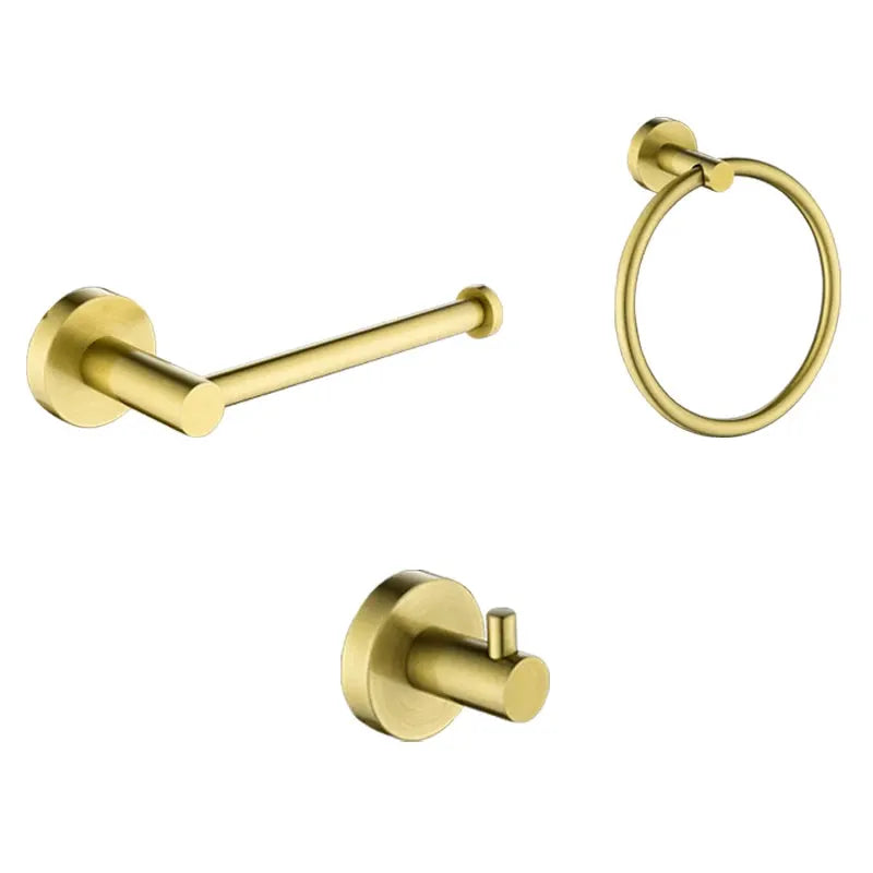 Brushed gold bathroom hardware set with wall-mounted toilet paper holder, towel ring, and robe hook