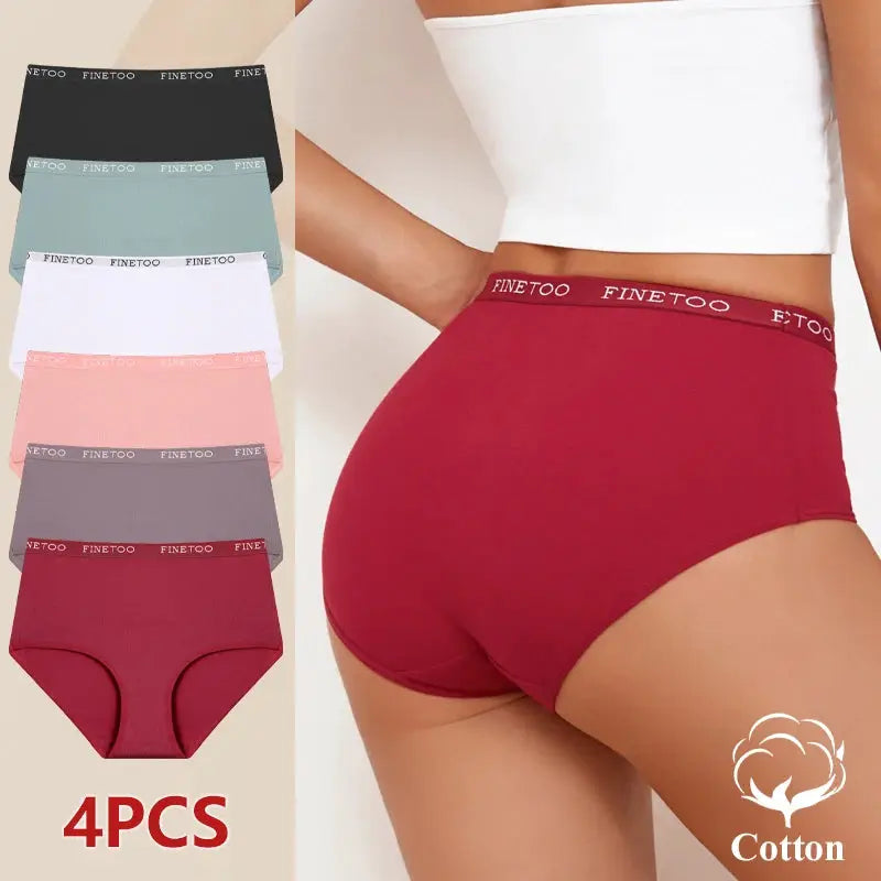 4Pcs Finetoo cotton high-waist seamless panties set for women in assorted colors, breathable briefs (S–XXL)