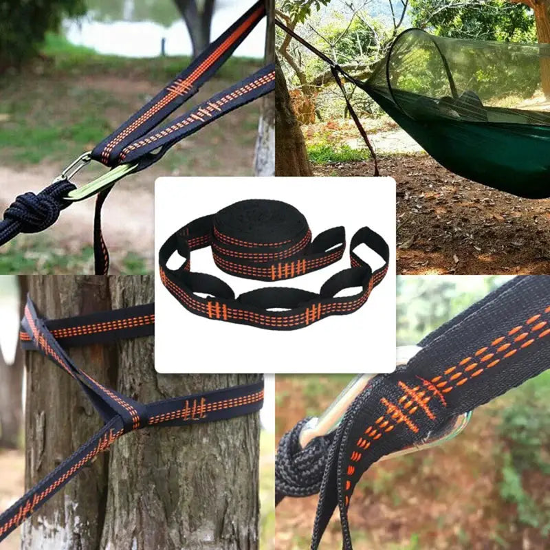 Simples Market 2-piece hammock straps set, black polyester with orange stitching, 600 lb capacity, 5-ring design.