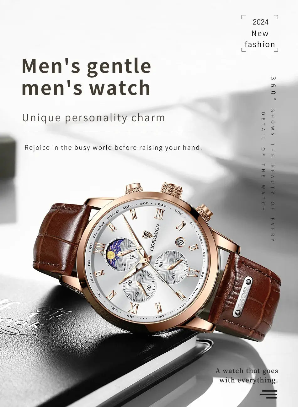 LIGE Casual Men Watch with brown leather strap and rose gold-tone case, chronograph dial