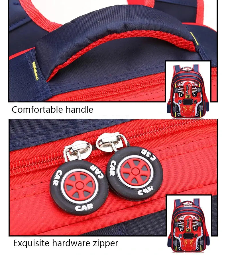 Waterproof lightweight 3D car backpack for kids; red and blue with car-themed zipper pulls, Simples Market.