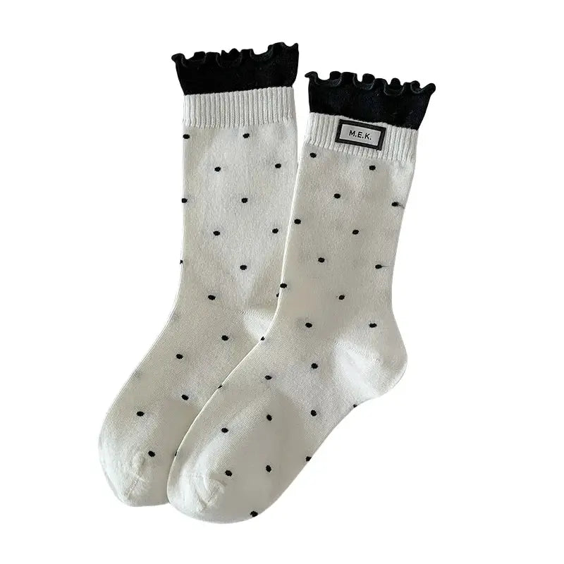 PreppySteps Womens Dots Pattern Frilly Long Socks Breathable Combed Cotton Everyday Comfort