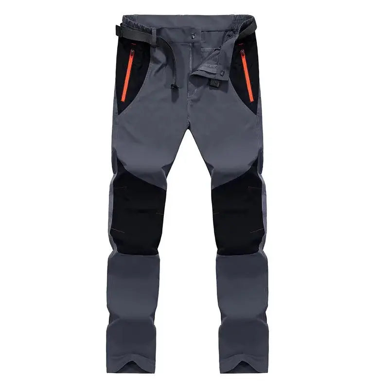 Men's tactical waterproof cargo pants by Simples Market, gray/black with orange zippers, quick-dry outdoor trekking