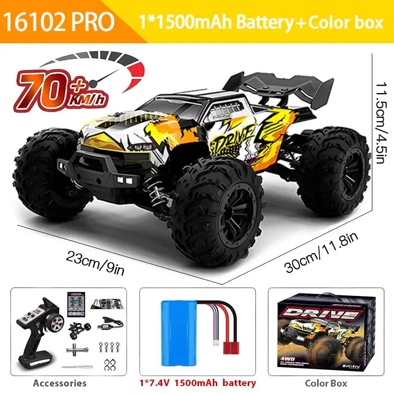 One Sixteenth Scale 4WD RC Monster Truck With LED Lights High Speed Drift 70KMH Or 50KMH Remote Control