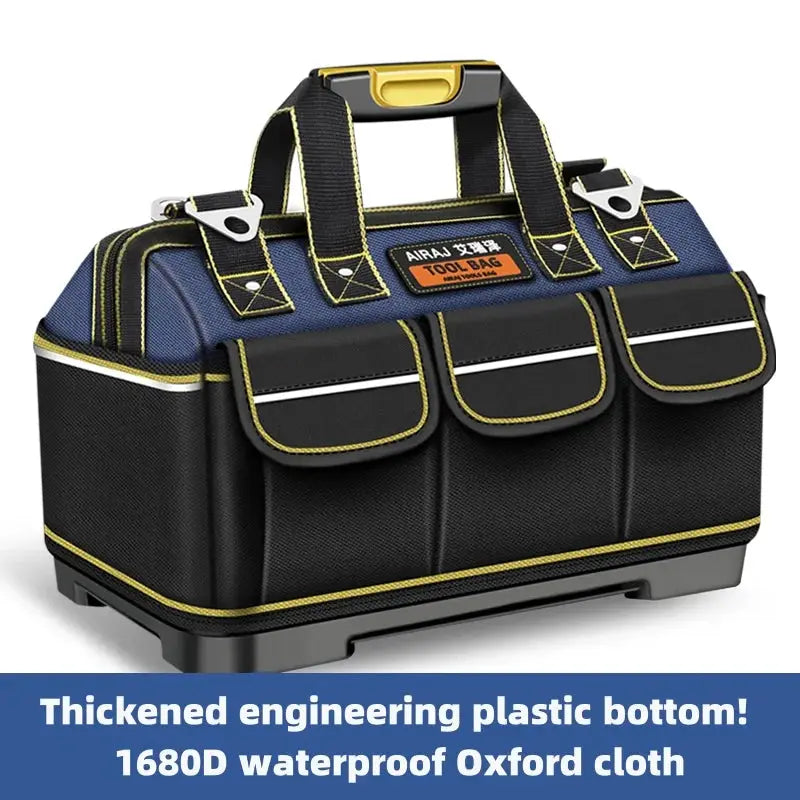 AIRAJ tool bag; 1680D Oxford cloth, waterproof black with yellow trim, three front pockets, thick plastic bottom.