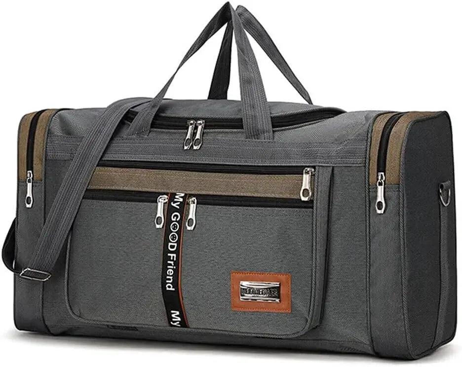 Gym duffle bag, gray with tan zipper accents, 60L/28-inch large travel bag