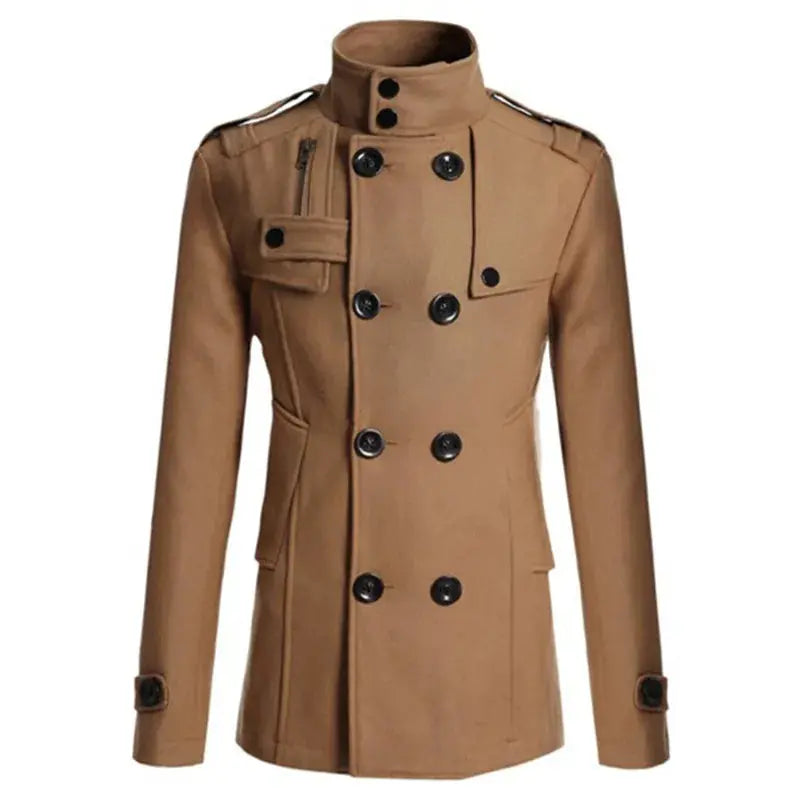 Tan men's wool overcoat with double-breasted buttons, high collar, epaulettes and multiple pockets.