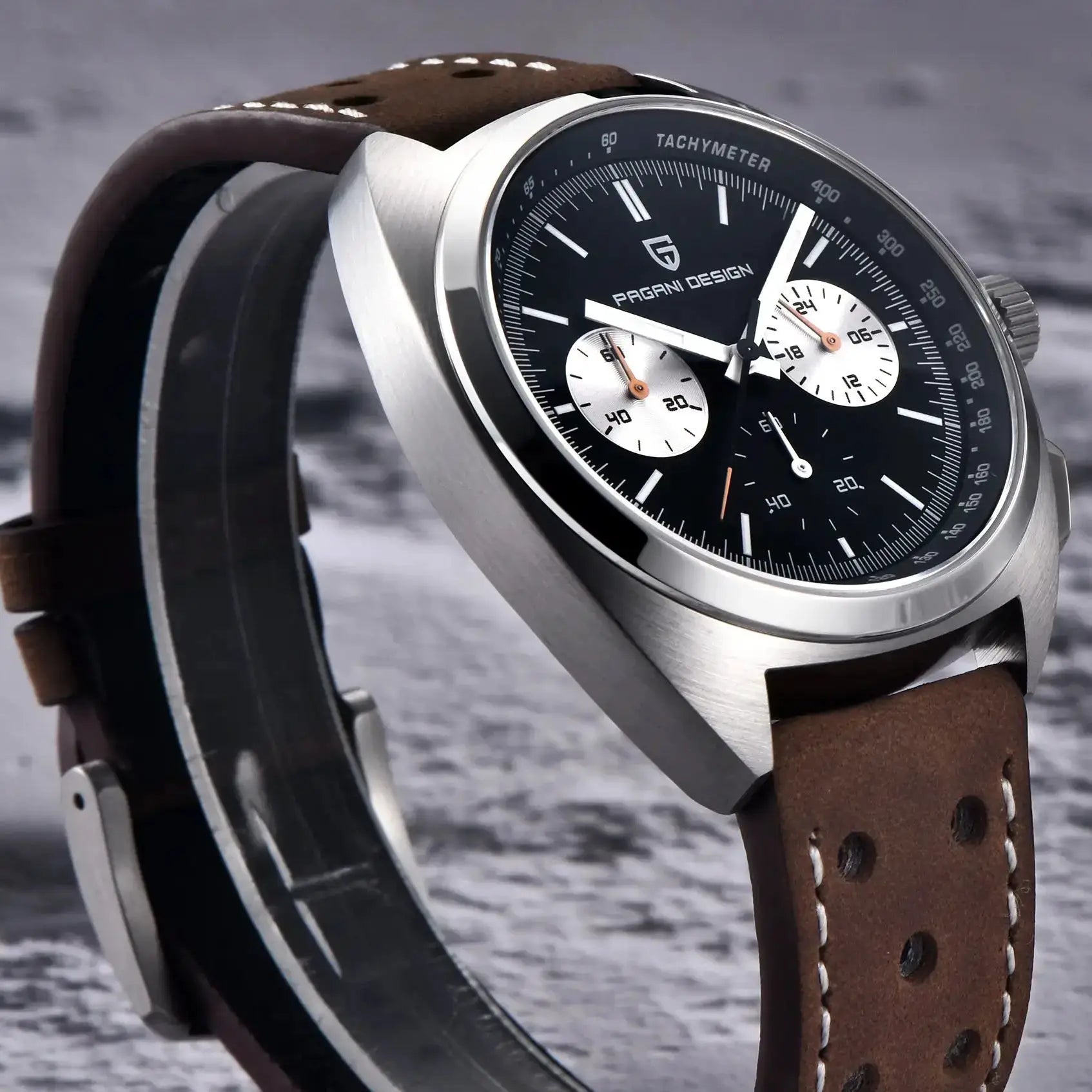 PAGANI DESIGN men's chronograph wristwatch with black dial, silver case and brown perforated leather strap