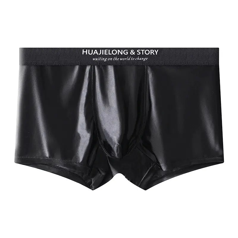 Men's black satin boxers with a glossy ice-silk finish and HUAJIELONG & STORY waistband