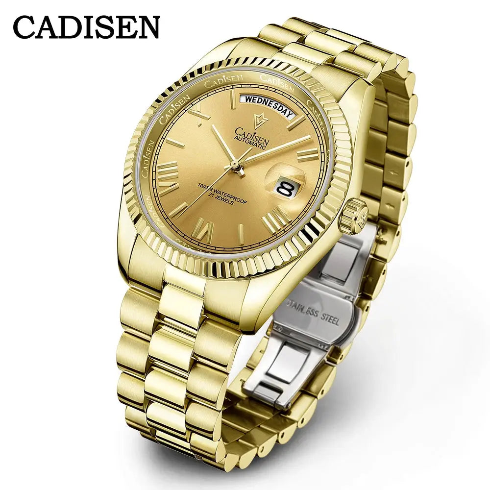 CADISEN gold-tone men's automatic watch with day/date window on a linked bracelet