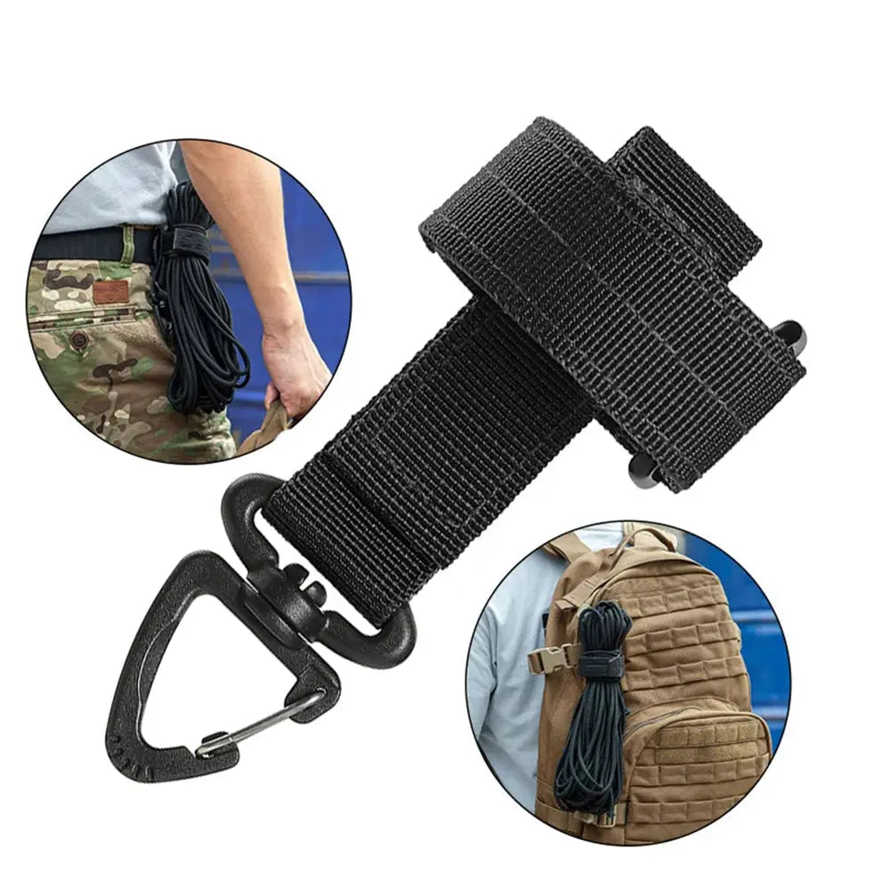 Nylon utility strap with carabiner and coiled rope for outdoor camping, black.