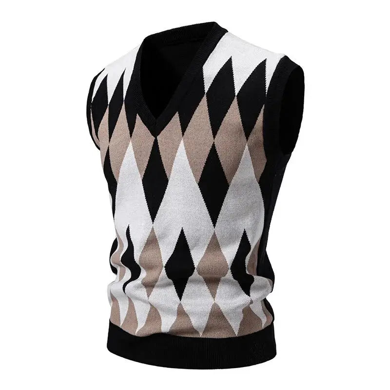 Men's argyle knitwear vest with V-neck, sleeveless; black, white and tan diamond pattern.