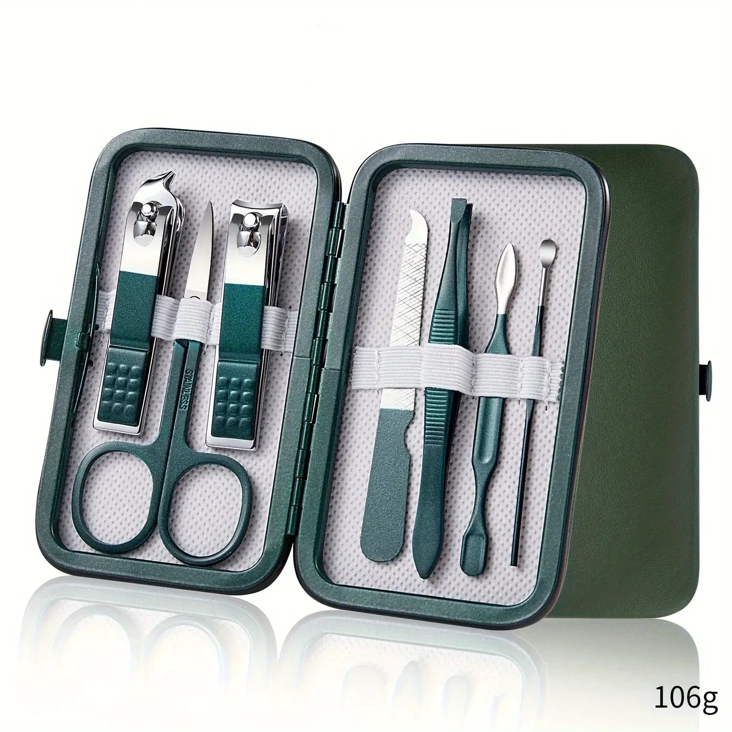 Manicure and pedicure set in green travel case with stainless steel tools by Simples Market