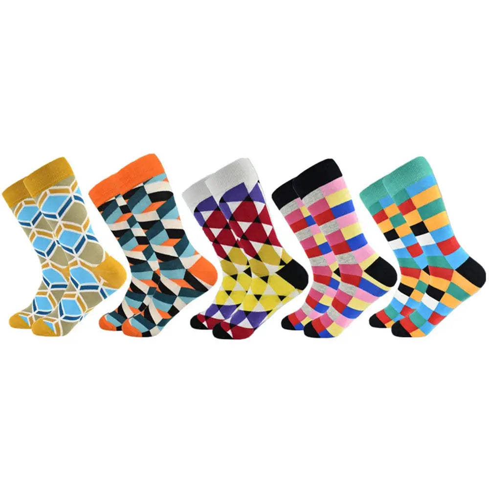 5 Pack Novelty Men's Cotton Crew Socks With Colorful Pattern Funny Happy Fashion Dress Socks