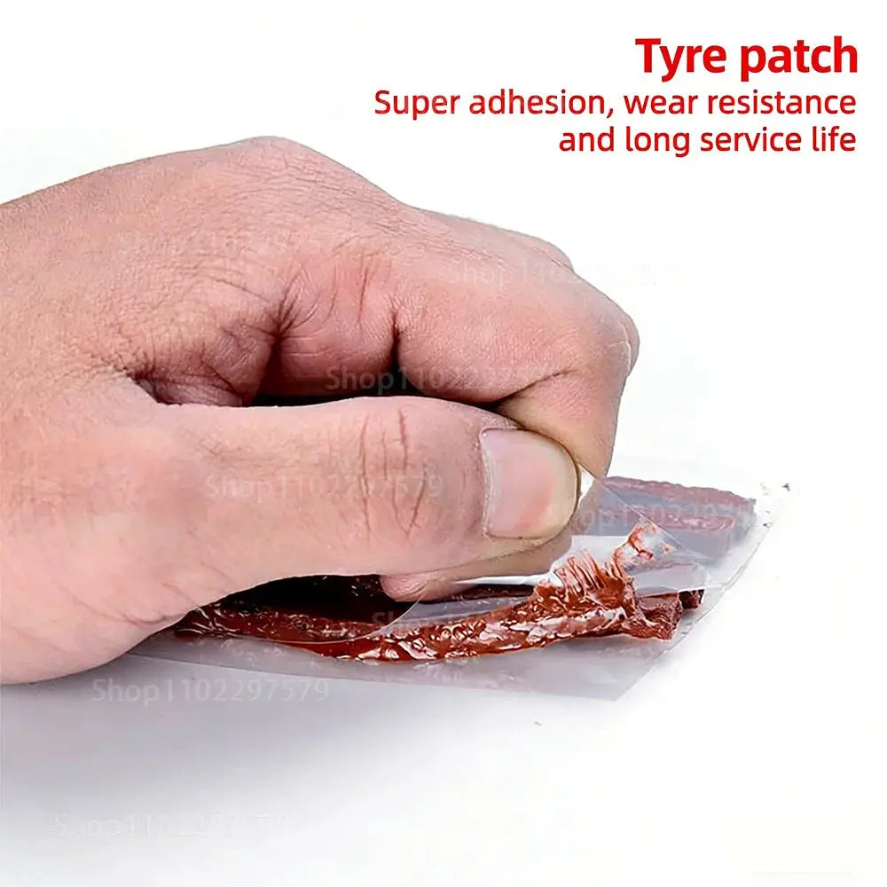 Simples Market tire repair patch kit with rubber strips being peeled from foil packaging