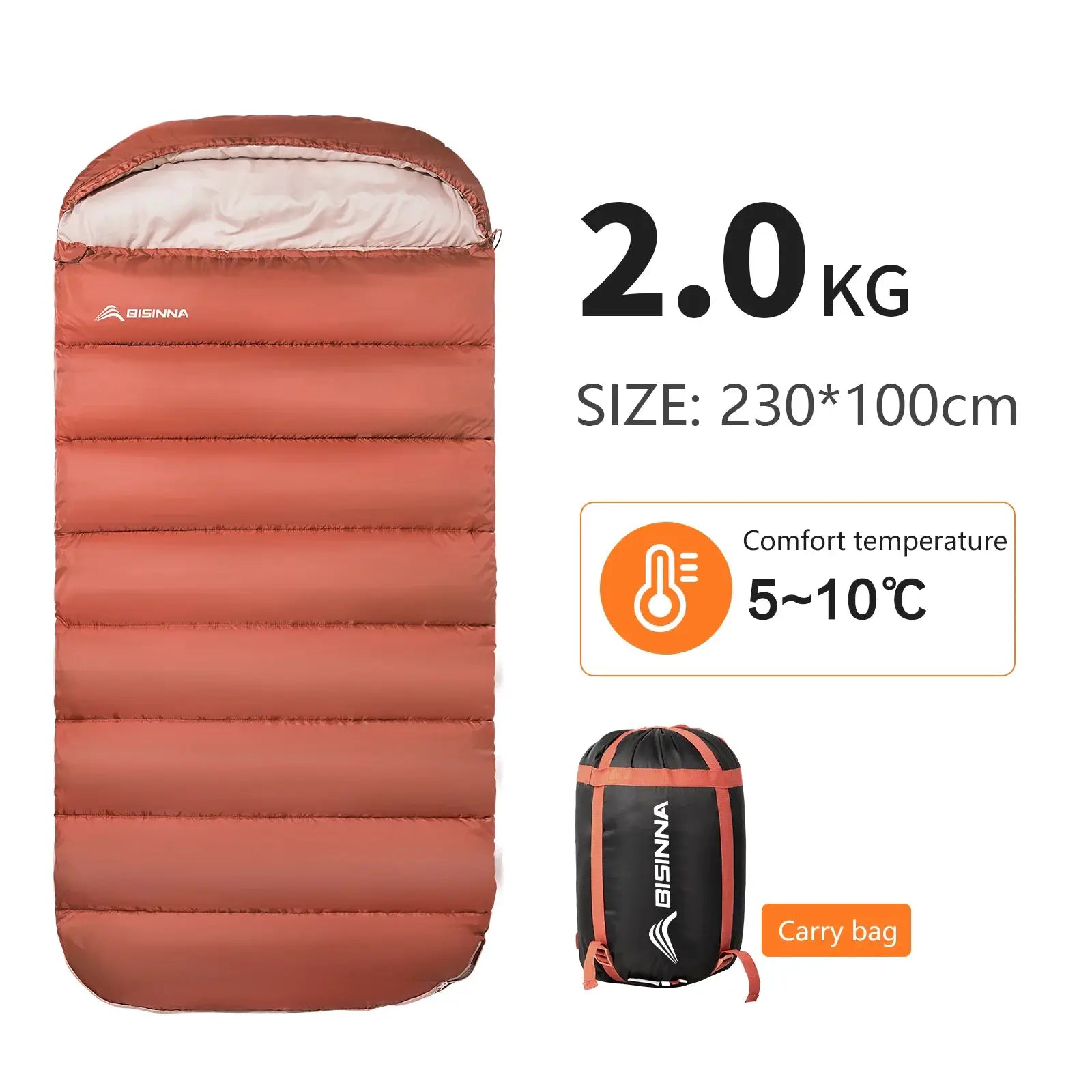BISINNA large orange camping sleeping bag, 230×100 cm, 2.0 kg, with carry bag.