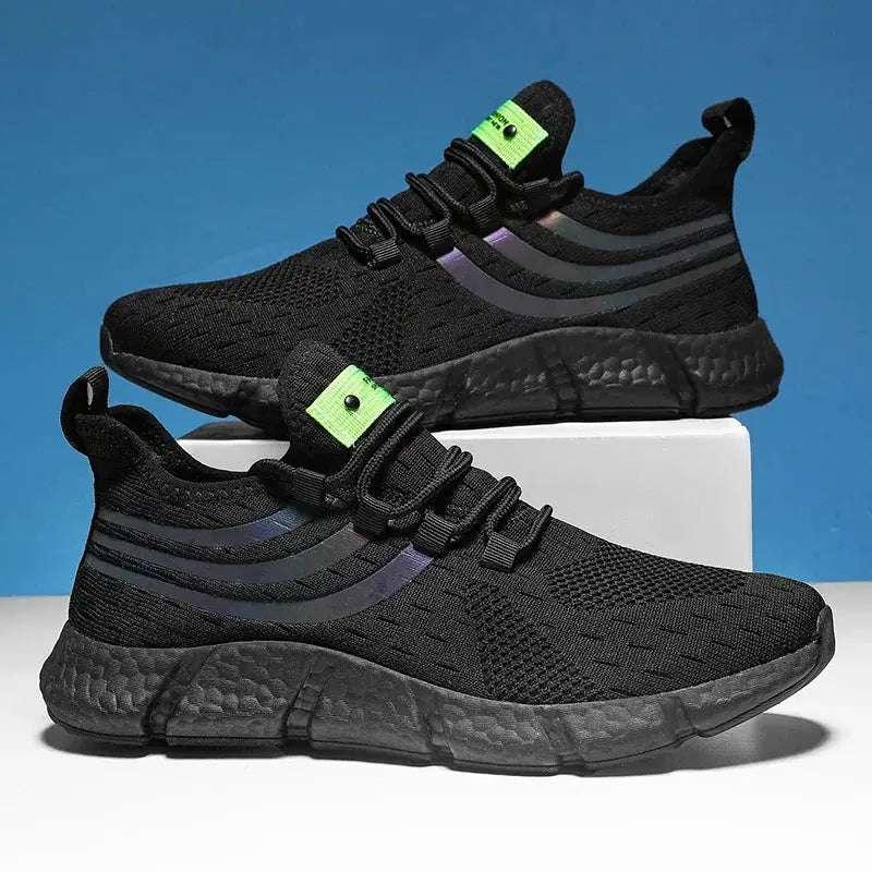 Men's casual sports shoes Simples Market, black breathable lightweight sneakers with neon green tongue tag, a pair shown