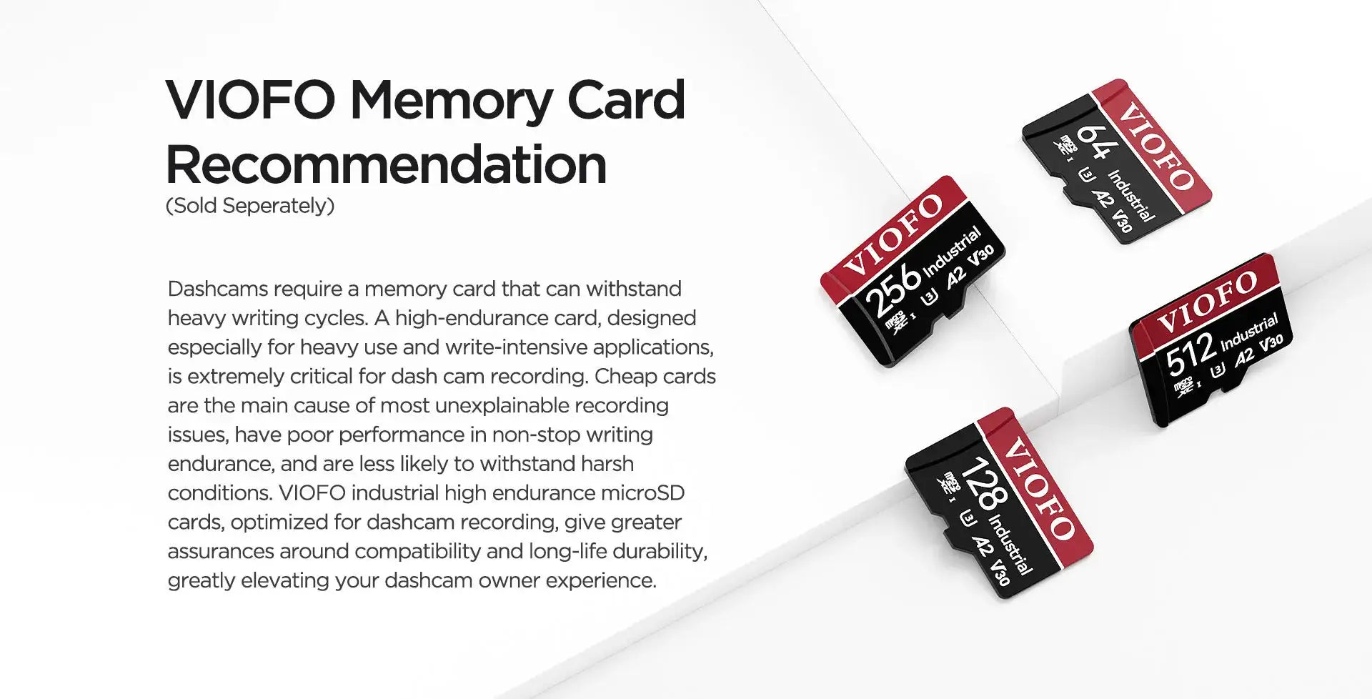 VIOFO memory cards banner with four microSD cards (64GB, 256GB, 128GB, 512GB) for dash cams