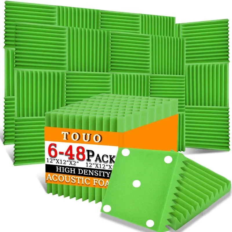 TOUO acoustic foam panels, bright green, high-density 6-48 pack for studio sound treatment