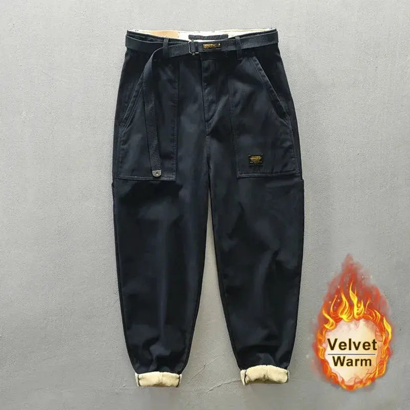 Men's cargo joggers; black pure cotton pants with belt, mid waist, cuffed hems