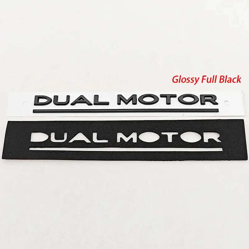 Dual Motor rear trunk badge set for Tesla, 2 pcs, by Simples Market; chrome on white backing and silver on black foam