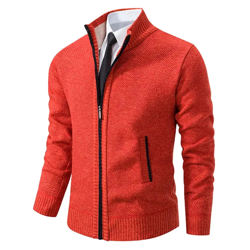 Mens Autumn Winter Solid Color Casual Sports Coat Stand Collar Fleece Lined Zipper Cardigan Warm